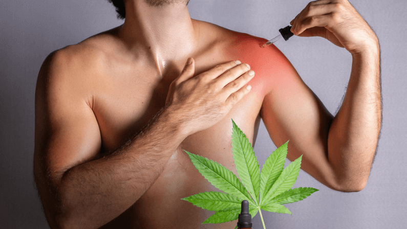 CBD oils designed for athletes to treat muscle discomfort, man applying oil made from cannabis extract over injured shoulder, medical pain treatment. Isolated on gray background