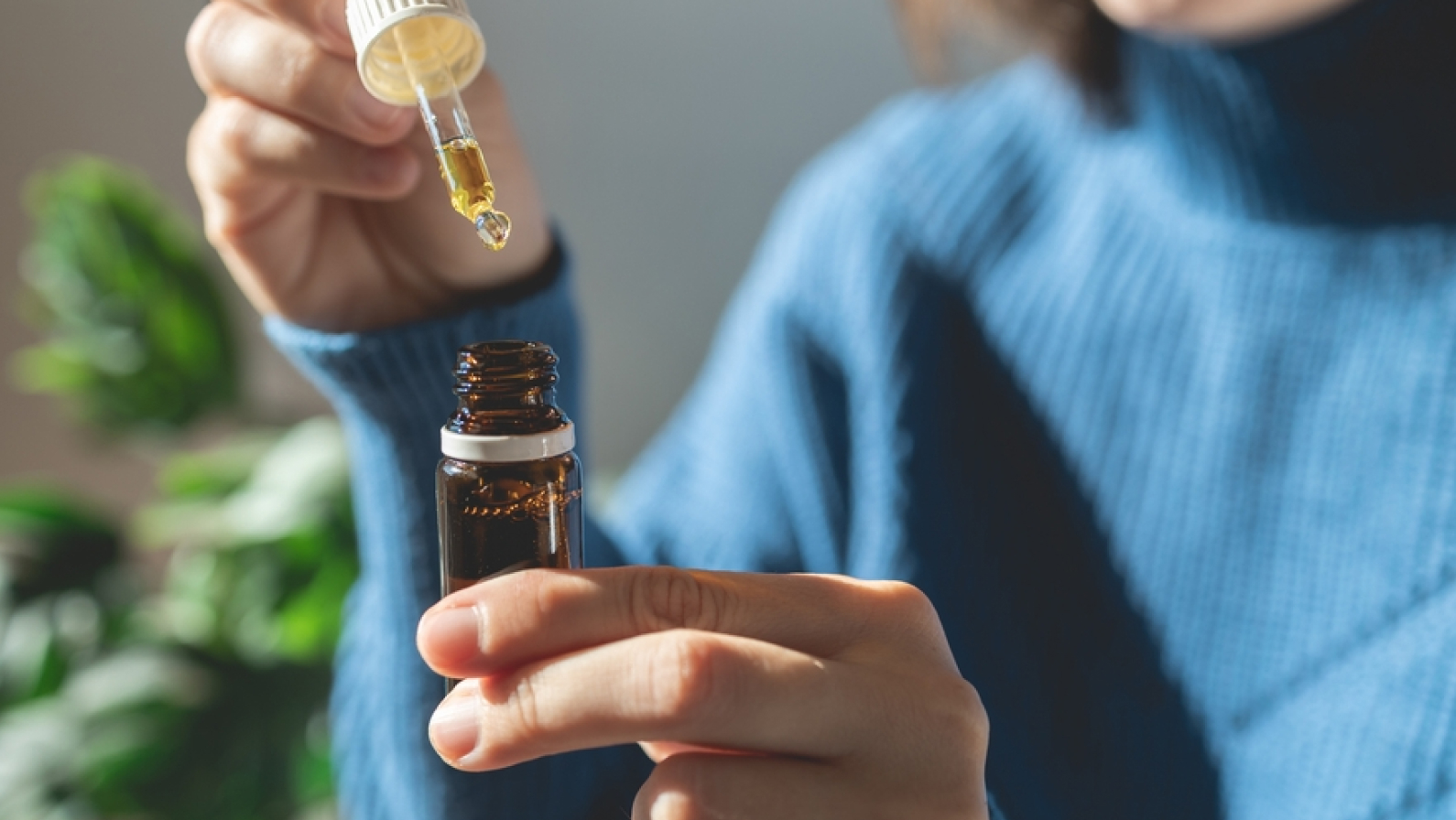 Hands holding a bottle of CBD oil and its dropper lid, with hemp leaf in the background. Legalized CBD product for medical purposes.