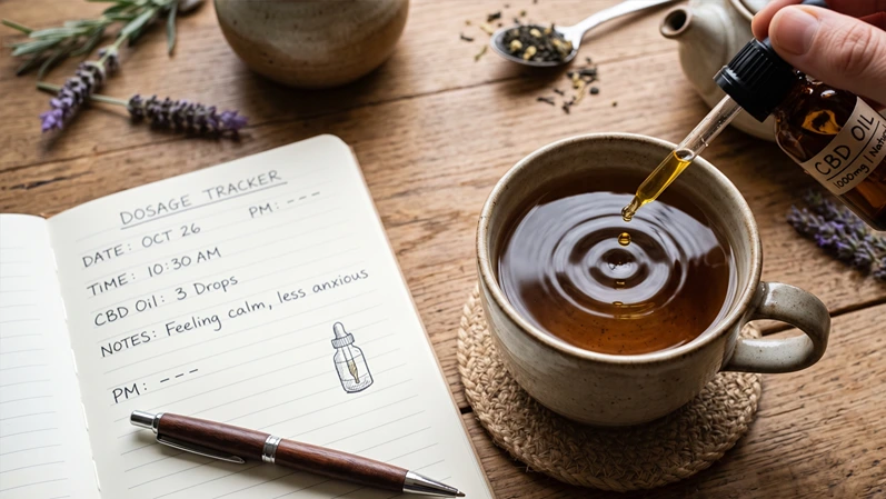 Overhead shot of CBD oil drops being added to a cup of tea, with a notebook and pen nearby for tracking dosage, no text overlay