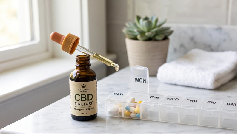 A CBD tincture bottle and dropper next to a daily pill organizer on a clean countertop, soft natural lighting, no text overlay