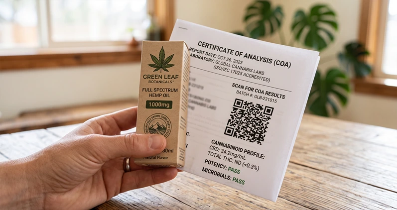 Close-up of a hand holding a hemp product package next to a printed lab report with a QR code, soft natural lighting, no text overlay, focus on packaging and lab documentation