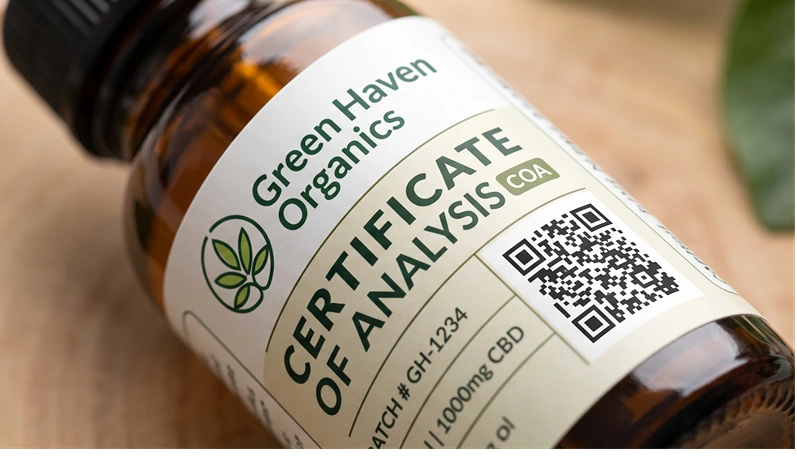 Close-up of a CBD product label showing a certificate of analysis QR code, clean product photography style, no text overlay
